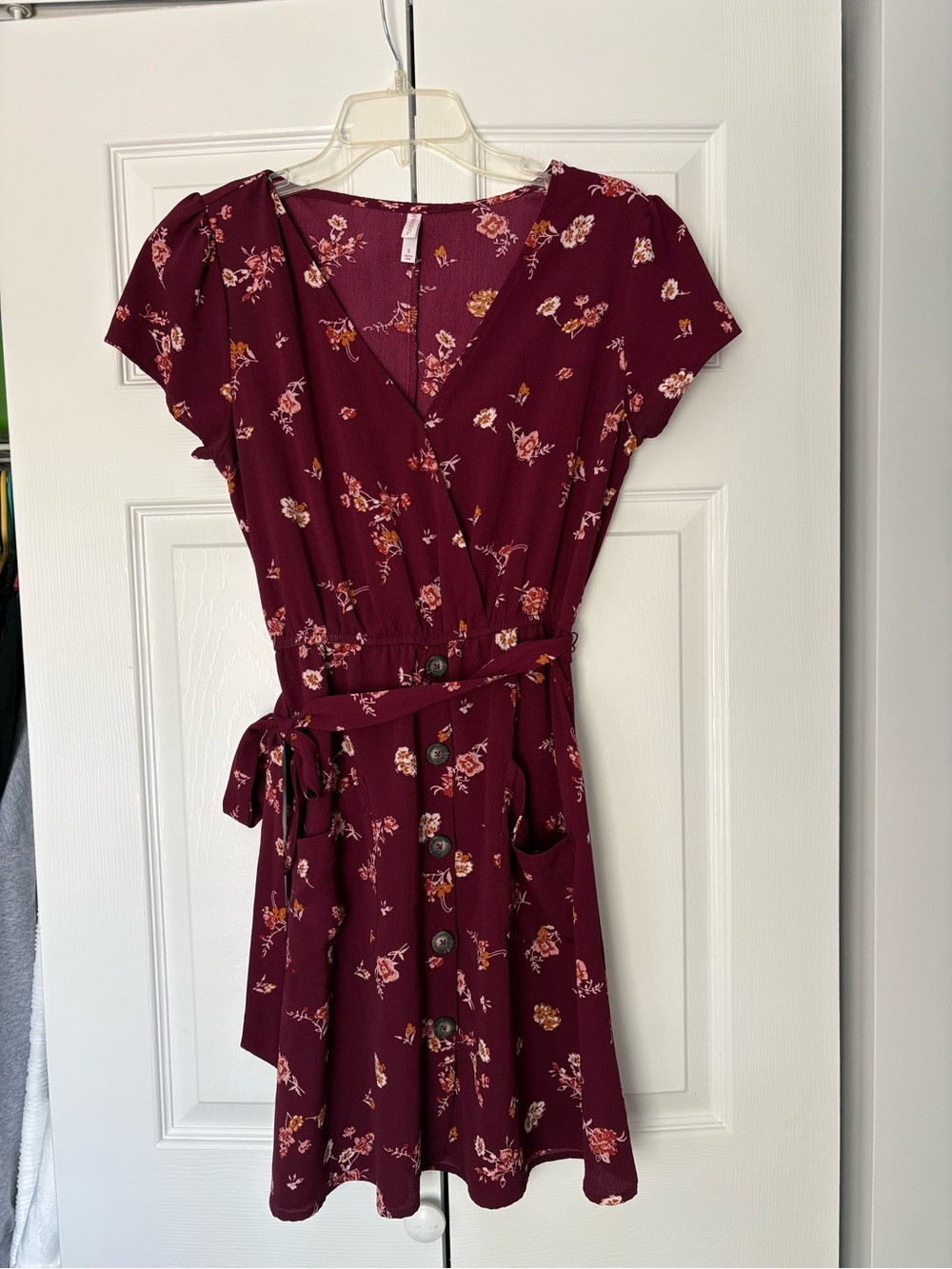 Xhilaration Burgundy Floral Mini Dress with Button Front